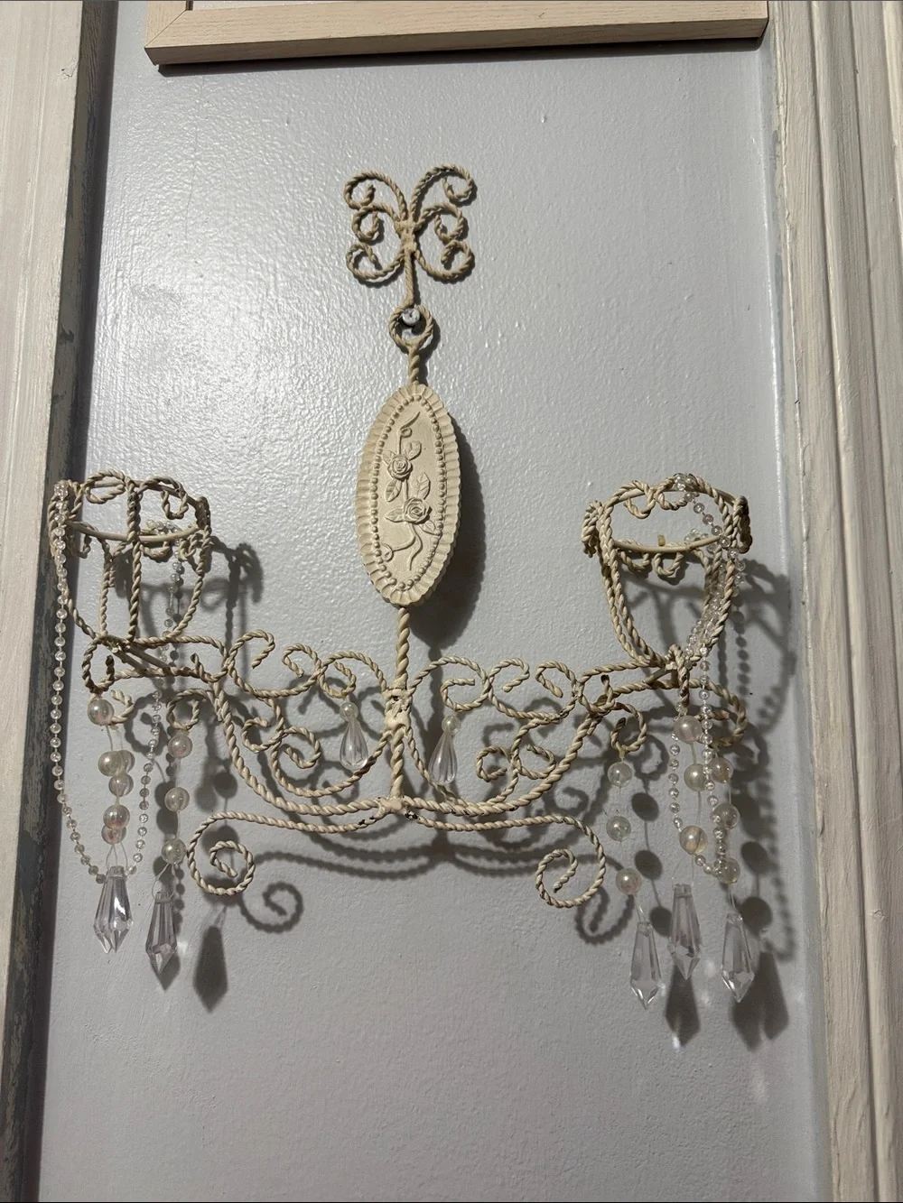 Ivory Filigree Pearl Drop Wall Sconce iron cottagecore vintage